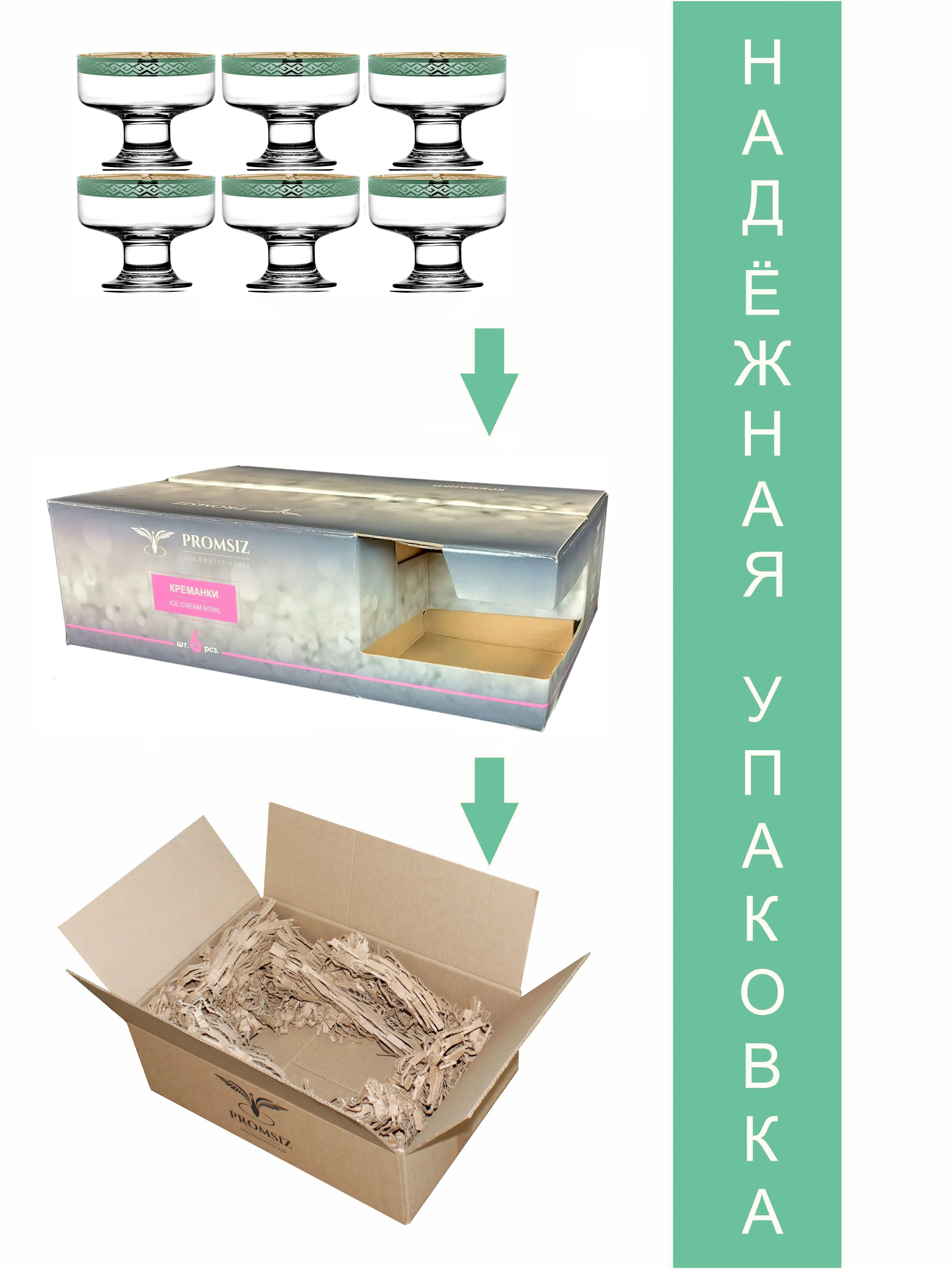 Креманки для десерта, подарочный набор 6 шт., 250 мл., изумрудный PROMSIZ коллекция Альфа