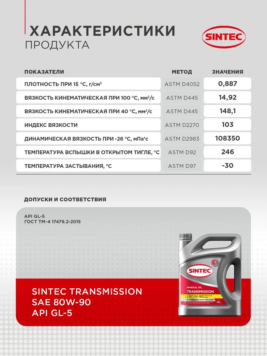 Трансмиссионное масло SINTEC Transmission SAE 80W-90 API GL-5 Минеральное 4 л