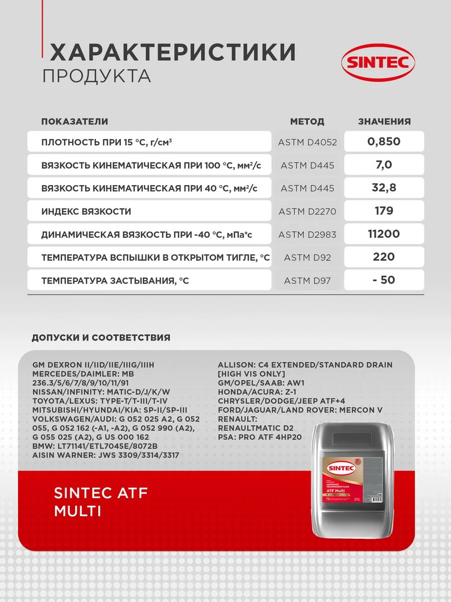 Трансмиссионное масло SINTEC ATF MULTI жидкость для автоматических трансмиссий