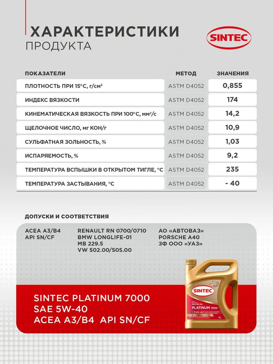 Моторное масло SINTEC PLATINUM 7000 SAE 5W-40 API SN/CF, ACEA A3/B4 Синтетическое 5 л