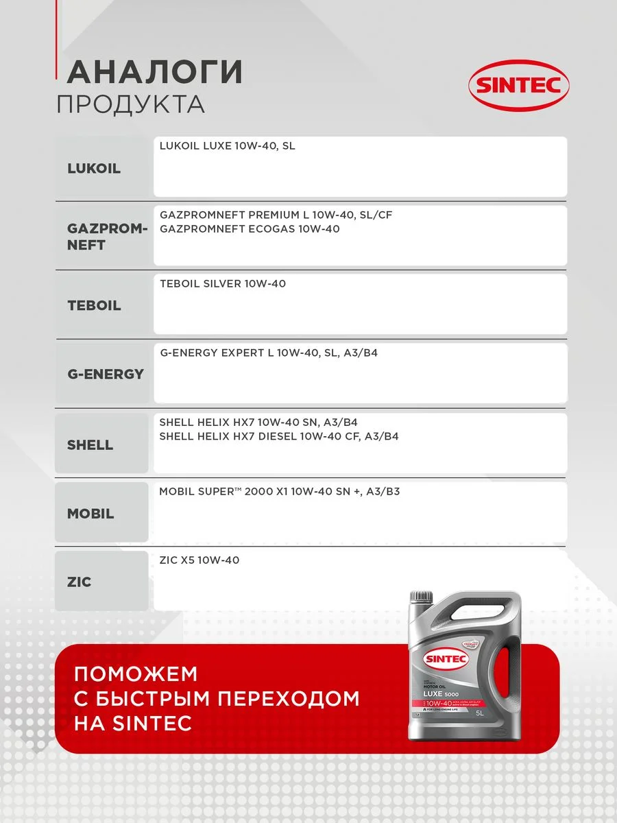 Моторное масло SINTEC LUXE 5000 SAE 5W-40 API SL/CF Полусинтетическое 5 л