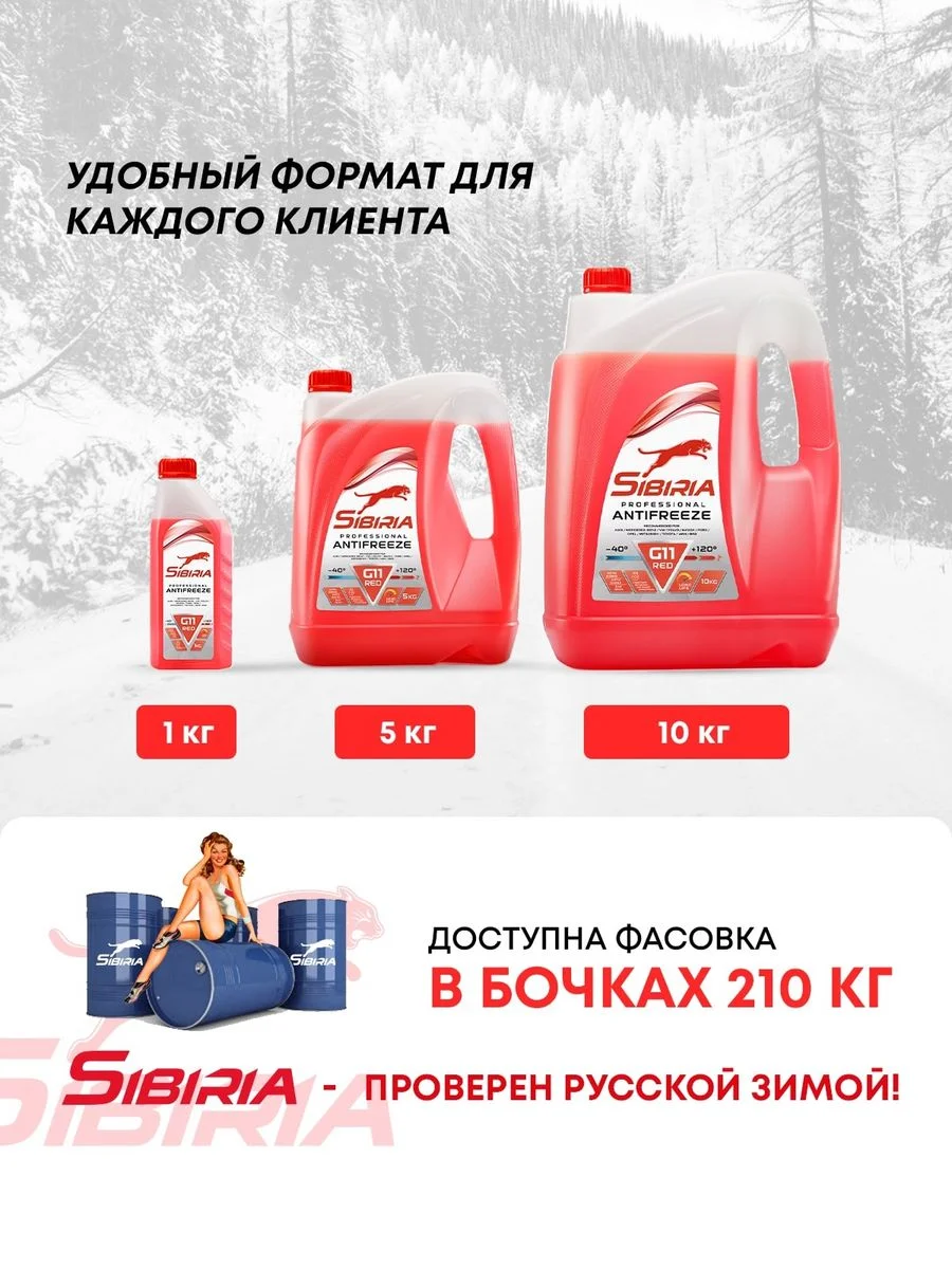 Антифриз для двигателя автомобиля SIBIRIA ANTIFREEZE G11 (-40) красный 10 кг, RED G11