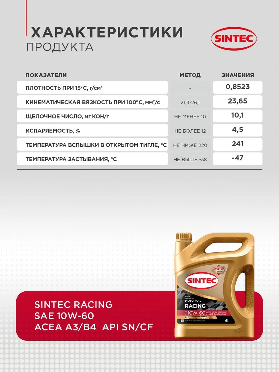 Моторное масло SINTEC RACING SAE 10W-60, API SN/CF, ACEA A3/B4 Синтетическое