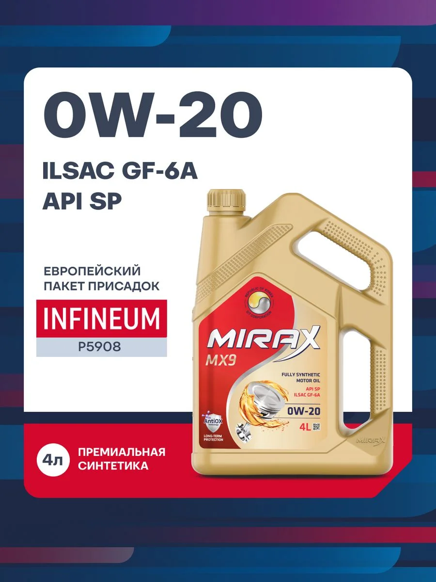 Моторное масло MIRAX MX9 SAE 0W-20, API SP, ILSAC GF-6A Синтетическое