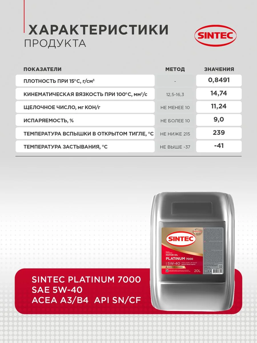 Моторное масло SINTEC PLATINUM 7000 SAE 5W-40 API SN/CF Синтетическое 20 л