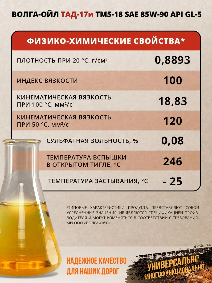 Трансмиссионное масло Волга-Ойл ТМ5-18 (ТАД-17 И) SAE 85W-90, API GL-5, Минеральное