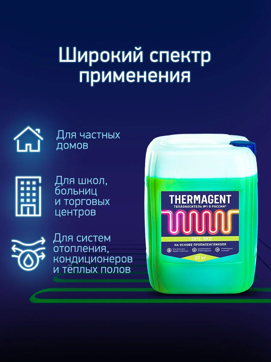 Теплоноситель THERMAGENT ЭKO -20 на основе пропиленгликоля, безопасный бытовой антифриз