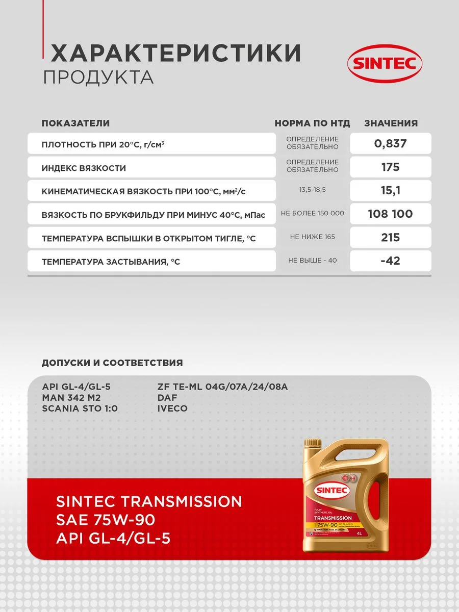Трансмиссионное масло SINTEC Transmission SAE 75W-90, API GL-4/GL-5 синтетическое