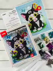 Картина из пайеток аппликация стразы Котенок Кот Кошка лори