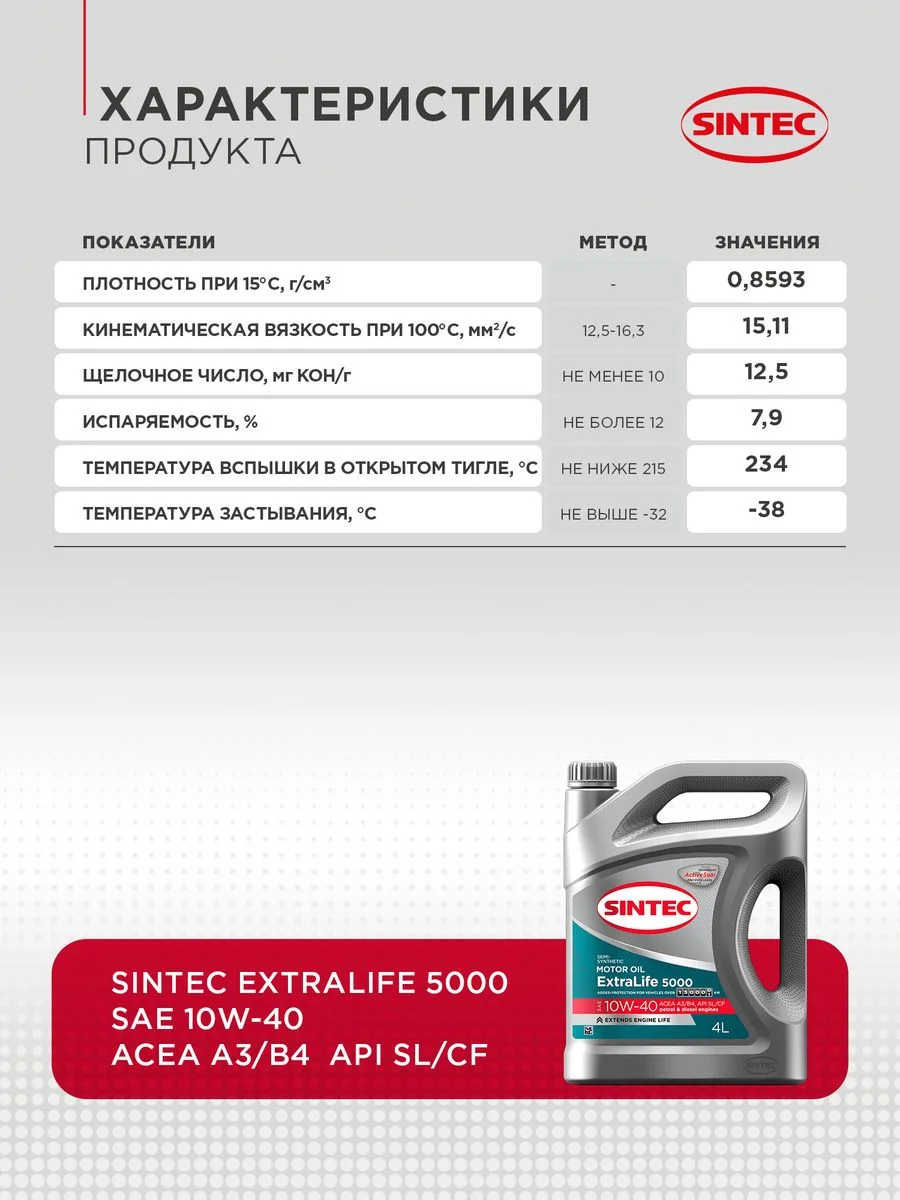 Моторное масло SINTEC EXTRALIFE 5000 SAE 10W-40, API SL/CF, ACEA A3/B4 Полусинтетическое