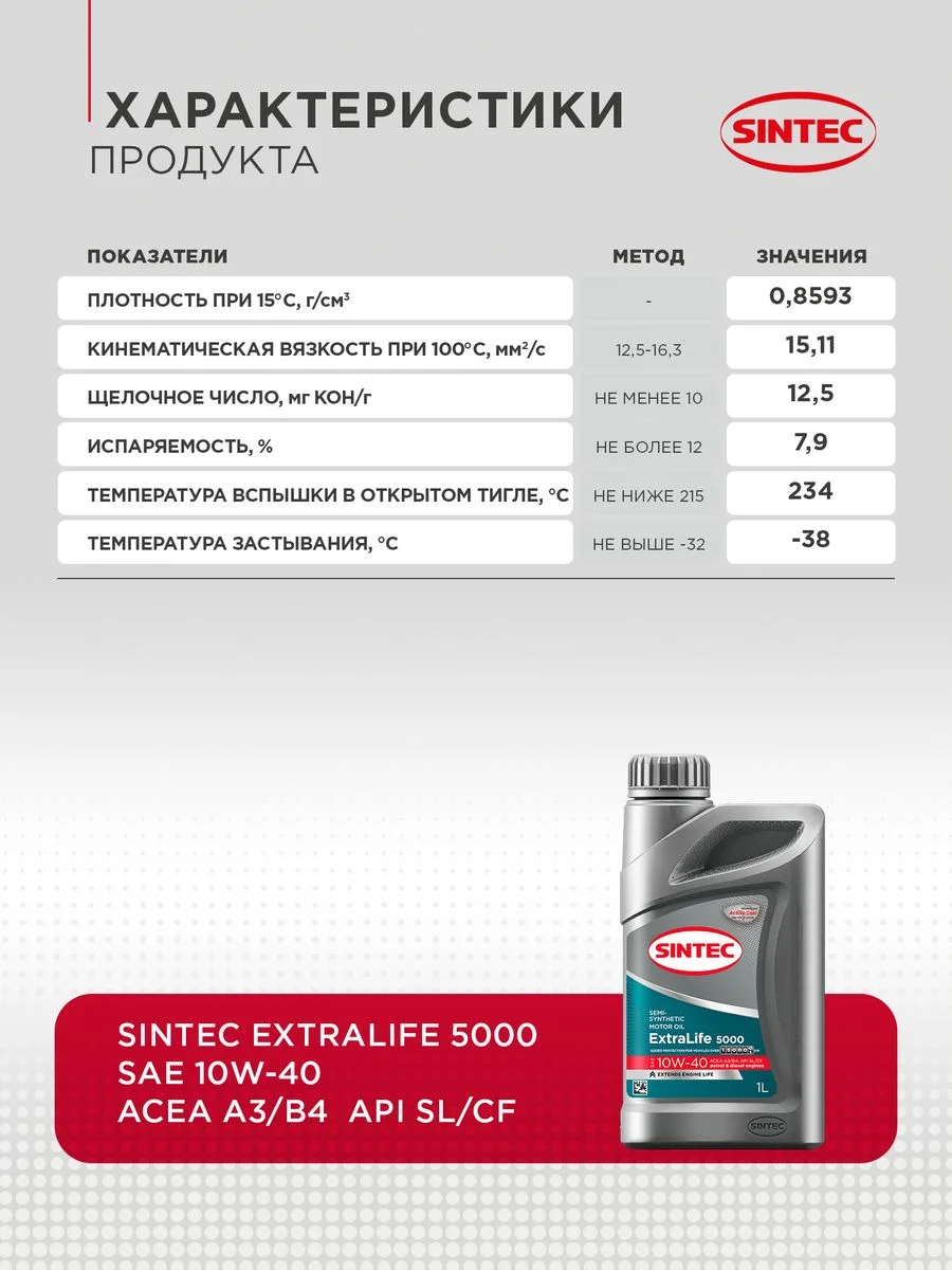 Моторное масло SINTEC EXTRALIFE 5000 SAE 10W-40, API SL/CF, ACEA A3/B4 Полусинтетическое