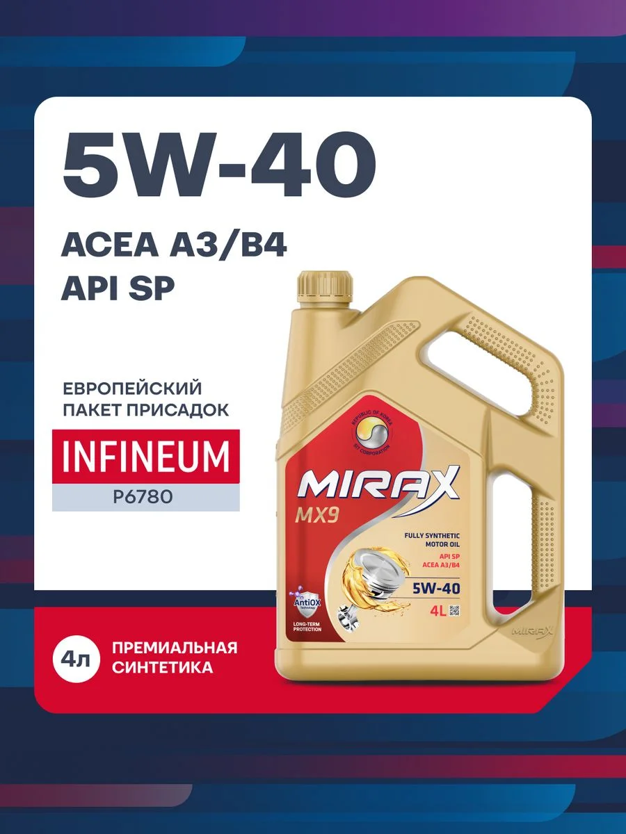 Моторное масло MIRAX MX9 SAE 5W-40, API SP, ACEA A3/B4 Синтетическое