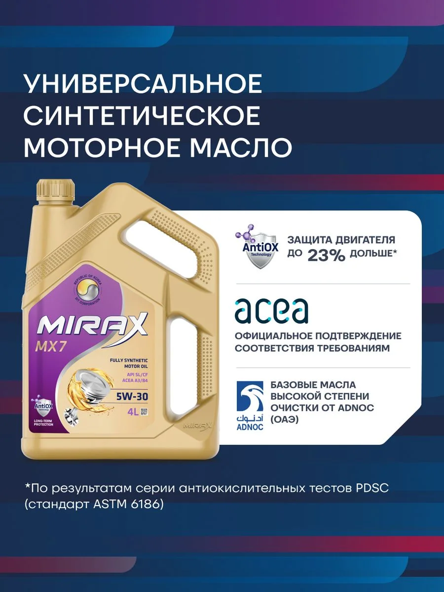 Моторное масло MIRAX MX7 SAE 5W-30, API SL/CF, ACEA A3/B4