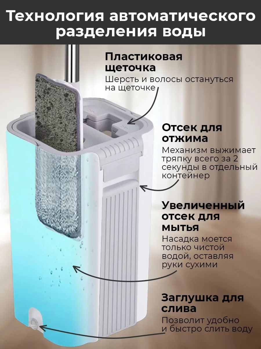 Белый комплект для уборки: швабра с отжимом и ведром, самоочищающаяся, 2 насадки, 10Л