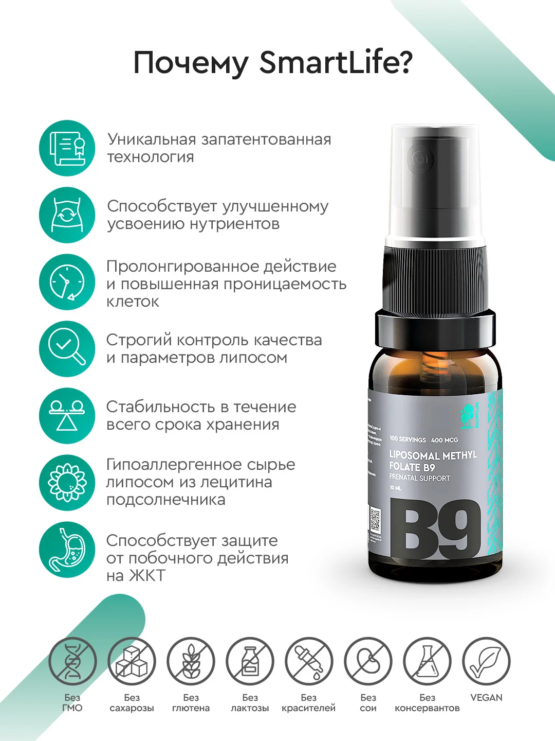 БАД к пище SmartLife "Липосомальный витамин В9", 100 порций, в 1 нажатии 400 мкг, 10 мл
