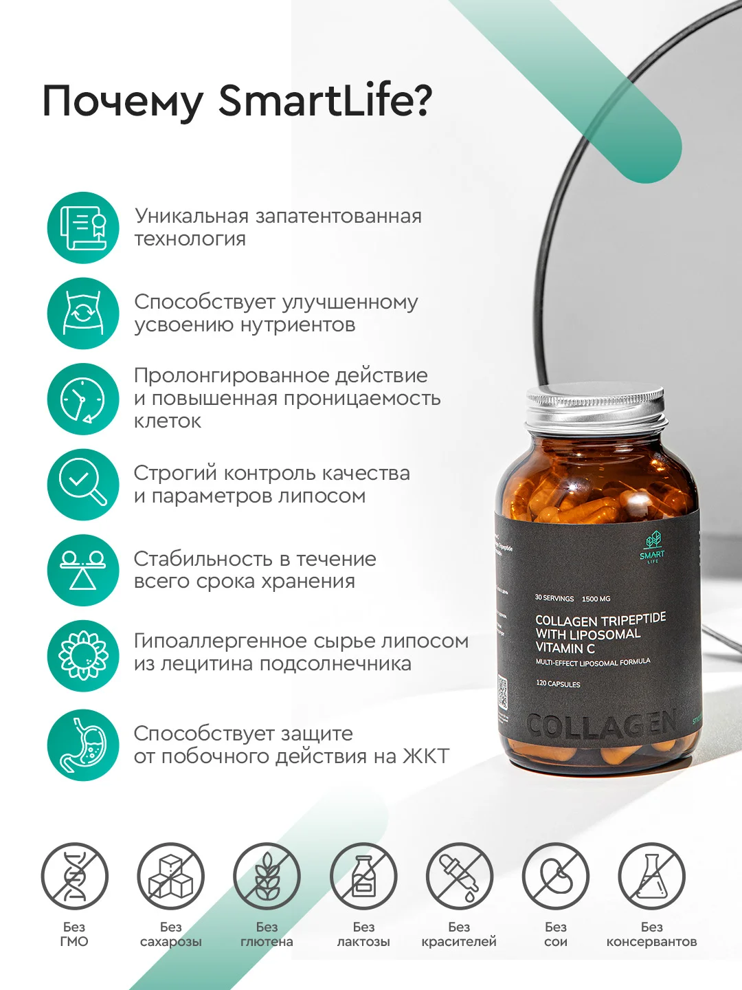 БАД к пище SmartLife Коллаген трипептид с липосомальным витамином С, 1500 мг, №120