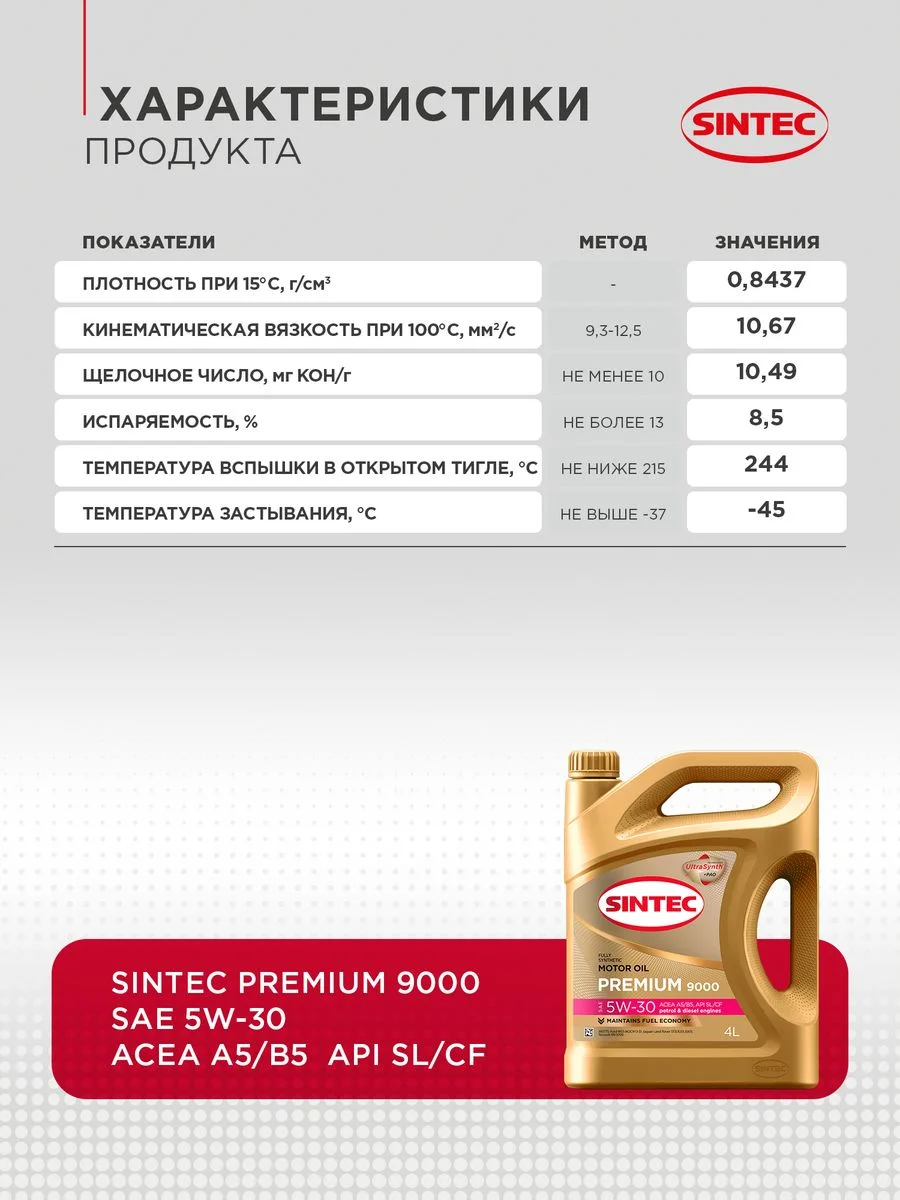 Масло моторное Sintec Premium 9000 5W-30 A5/B5 SL/CF