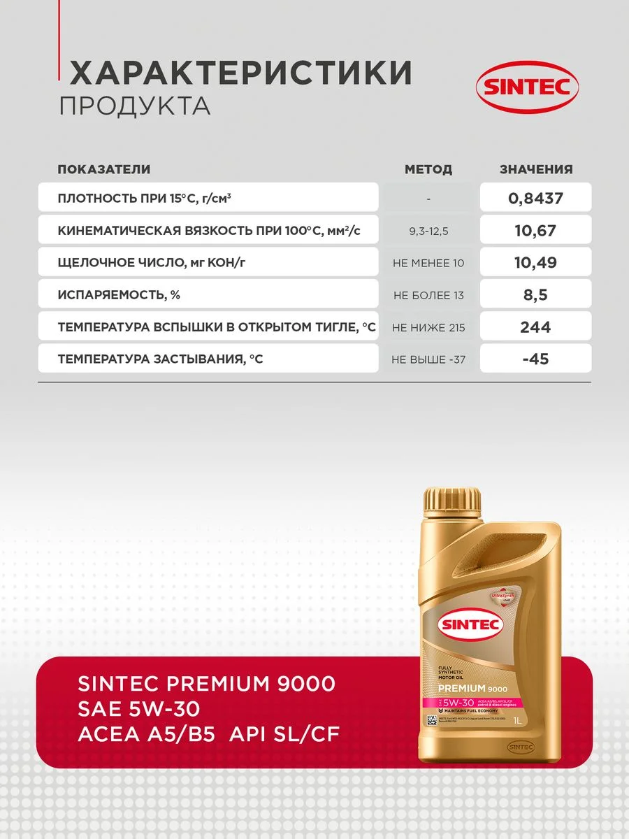 Масло моторное Sintec Premium 9000 5W-30 A5/B5 SL/CF