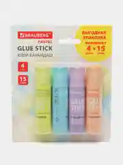 Клей-карандаш канцелярский для бумаги и картона 15 г Brauberg Pastel, 4 штуки, Pvp основа