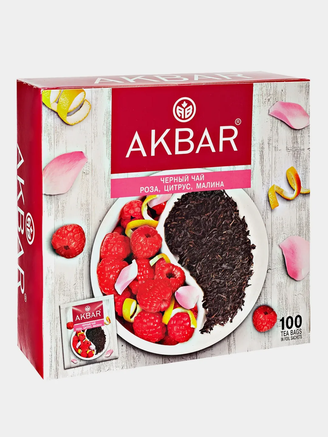 Чай черный AKBAR "Роза,Цитрус,Малина", 100 пакетиков по 1,5 г