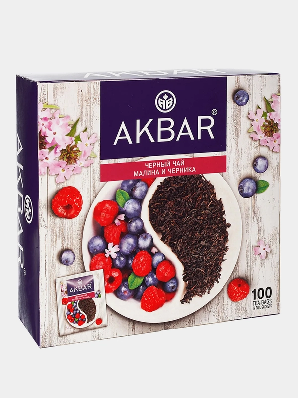 Чай черный AKBAR Малина и черника, 100 пакетиков по 1,5г