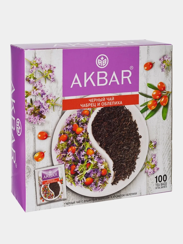 Чай черный AKBAR "Чабрец и облепиха", 100 пакетиков по 1,5 г