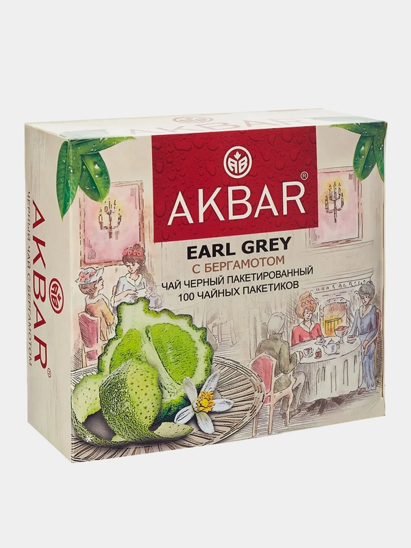 Чай черный AKBAR "Earl Grey с бергамотом", 100 пакетиков по 2 г