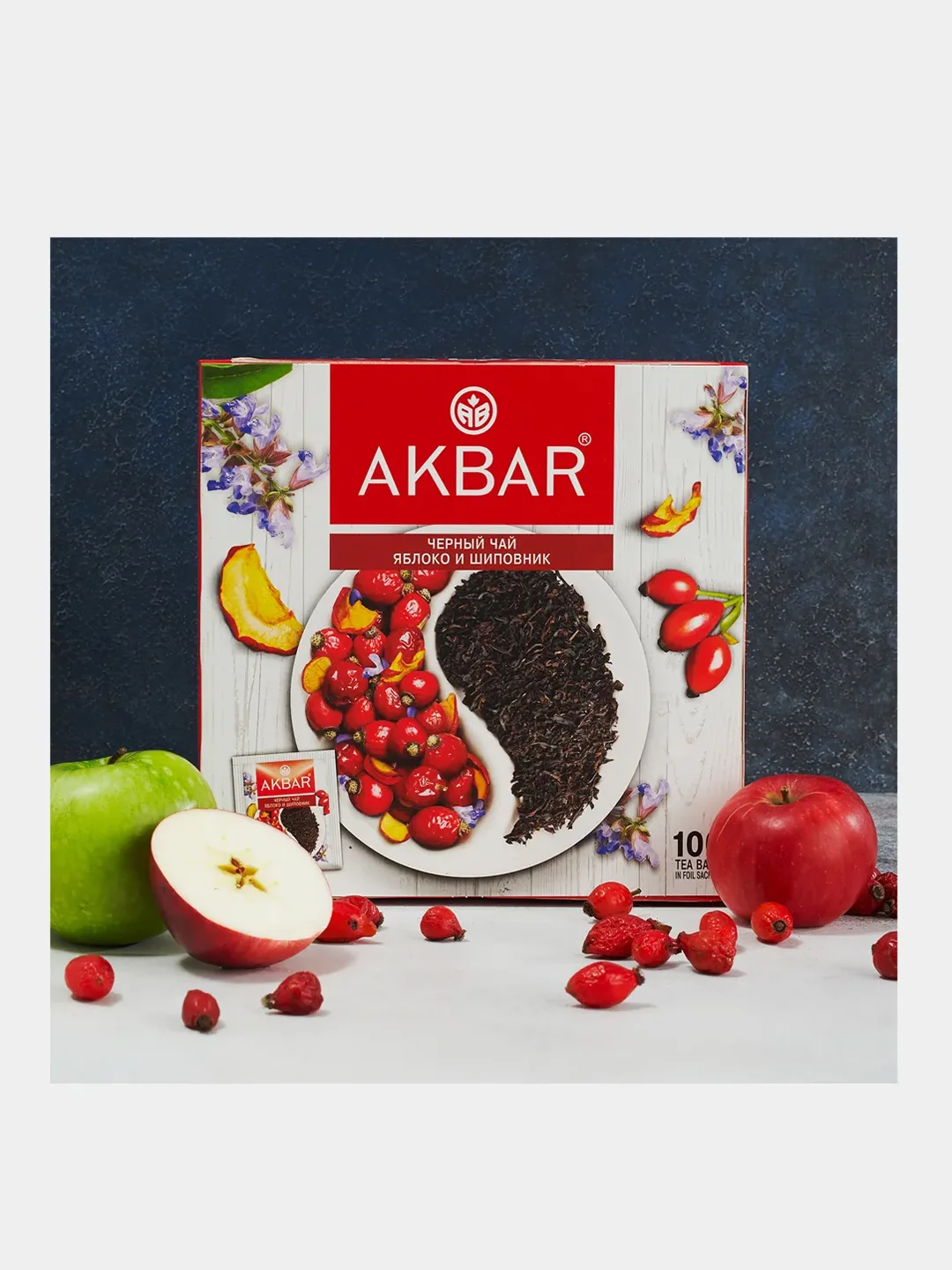 Чай черный AKBAR Яблоко и шиповник, 100 пакетиков по 1,5 г