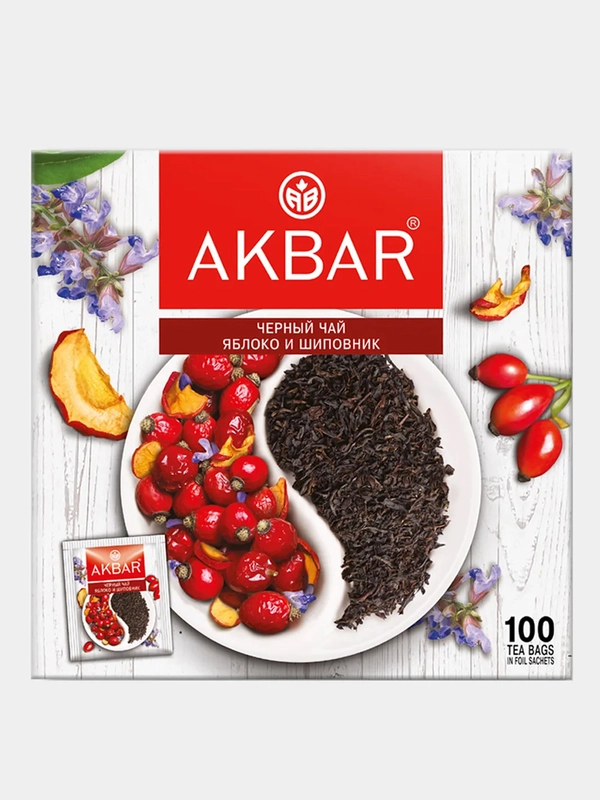 Чай черный AKBAR Яблоко и шиповник, 100 пакетиков по 1,5 г