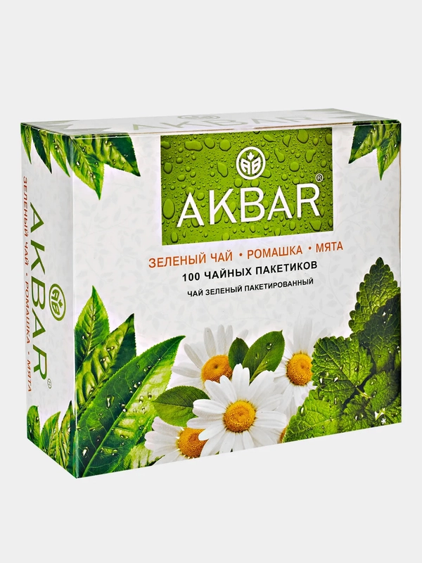 Чай зеленый AKBAR Ромашка и мята, 100 пакетиков по 2 г