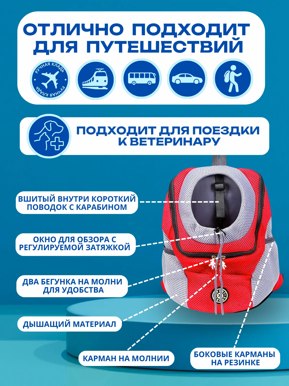 Красный рюкзак переноска для собак и кошек, дорожная сумка