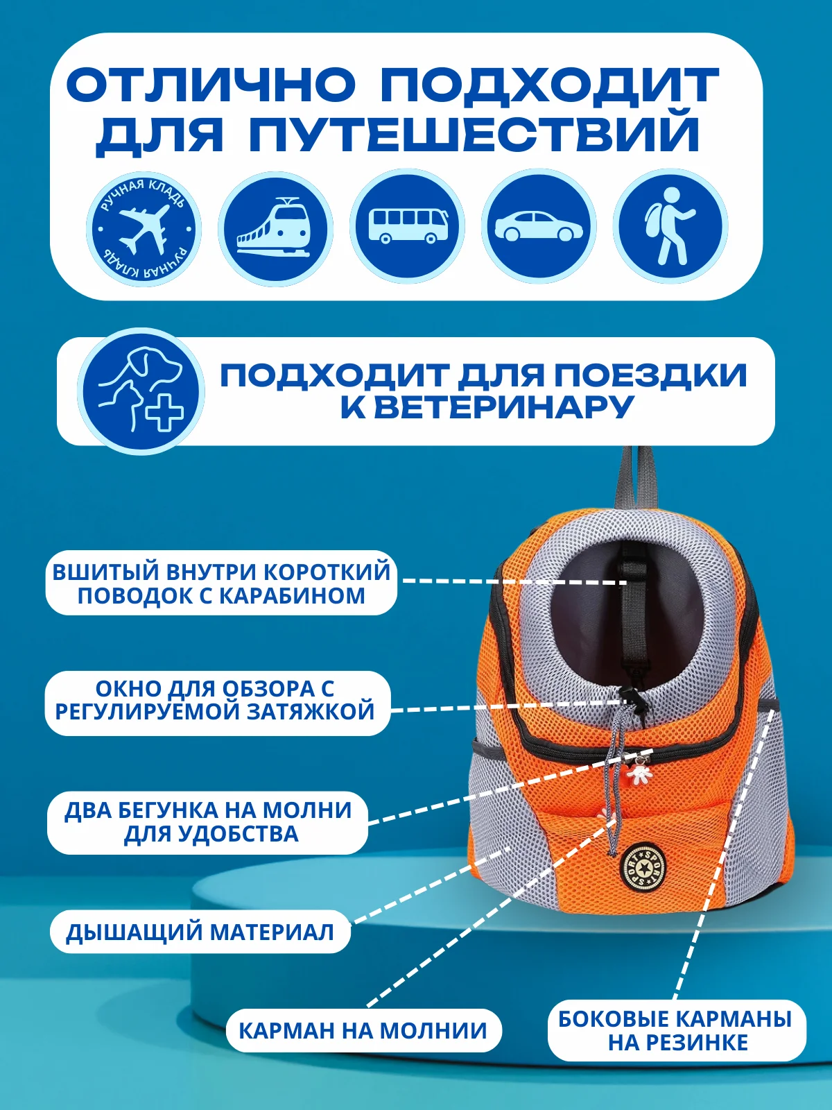 Оранжевый рюкзак переноска для собак и кошек, дорожная сумка