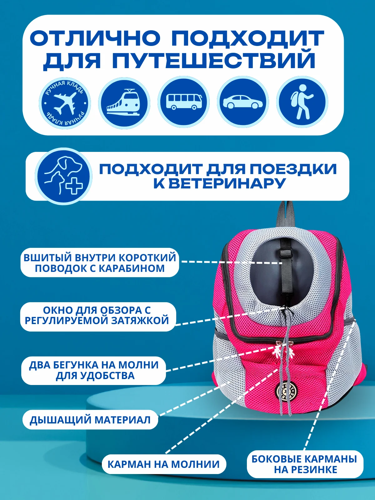 Фуксия рюкзак переноска для собак и кошек, дорожная сумка