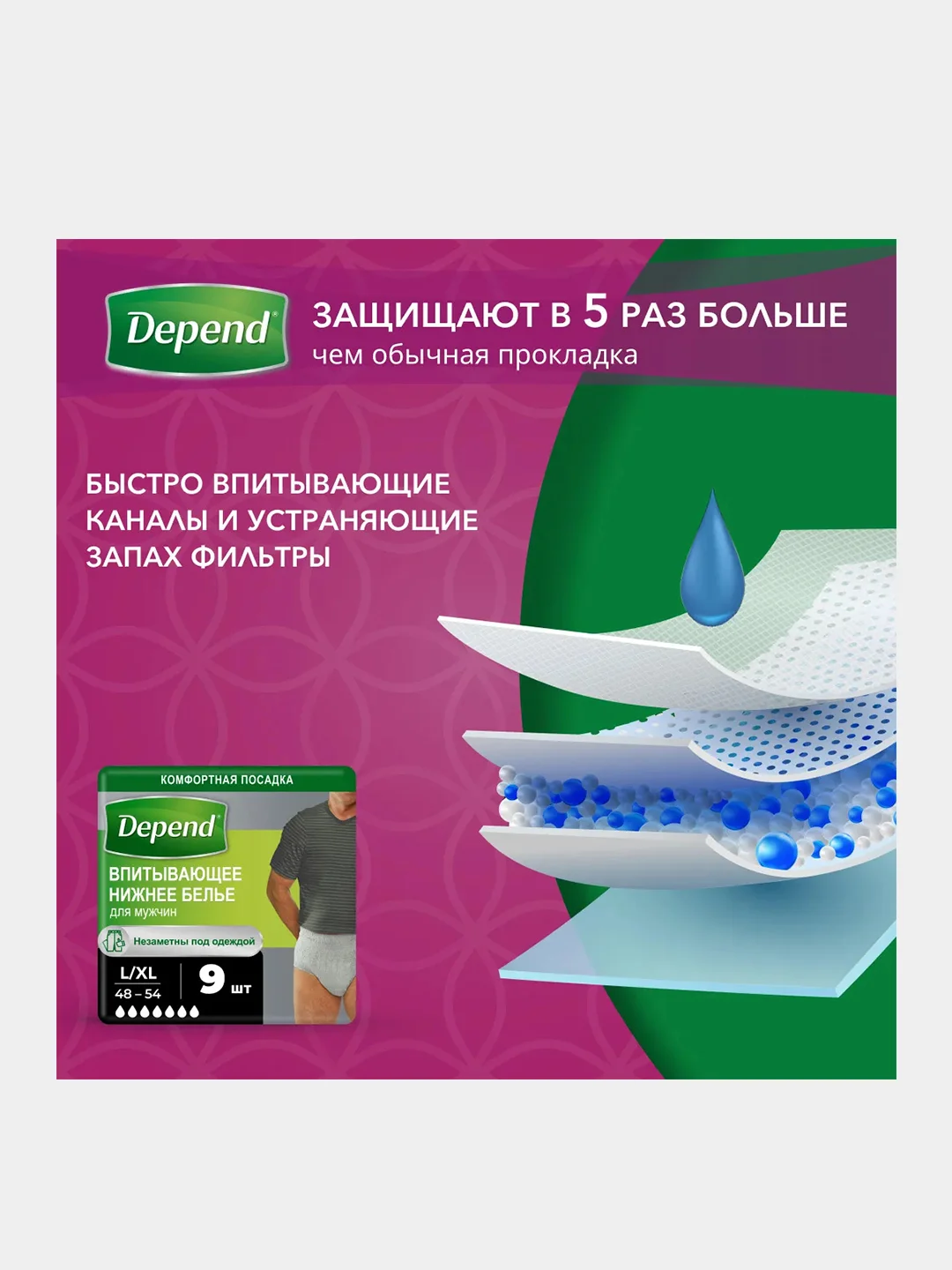 Впитывающее нижнее белье Depend для мужчин L/XL, 48-54, 9 штук