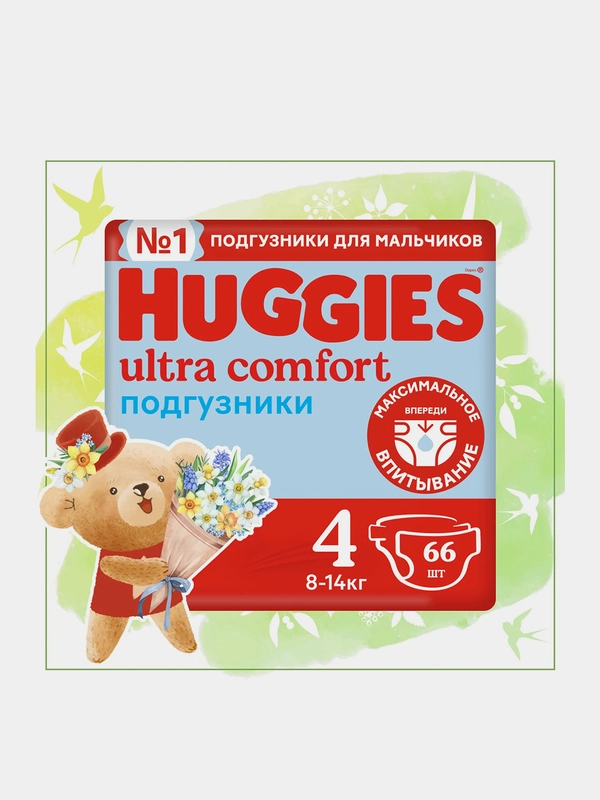 Подгузники Huggies Ultra Comfort для мальчиков 8-14кг, 4 размер, 66шт