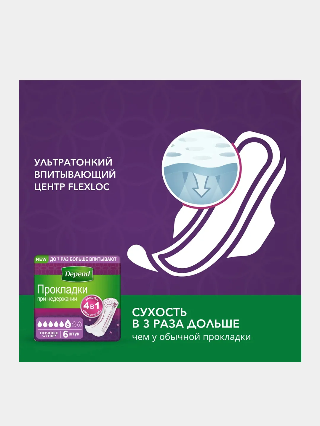 Прокладки Depend для женщин ночные супер, 6 шт