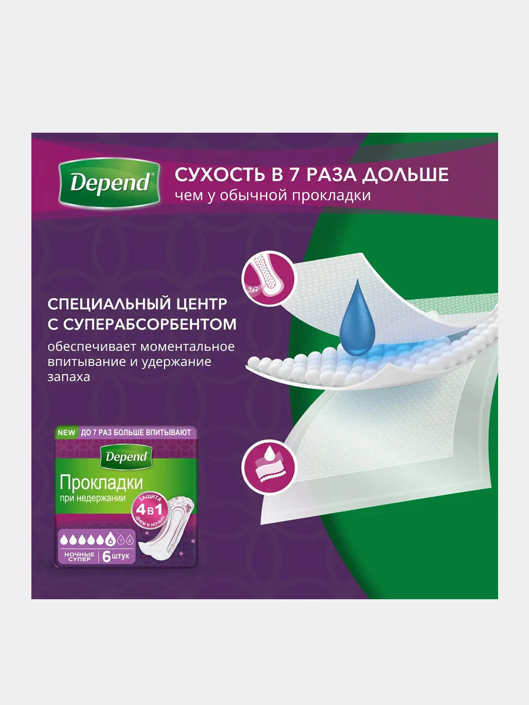 Прокладки Depend для женщин ночные супер, 6 шт
