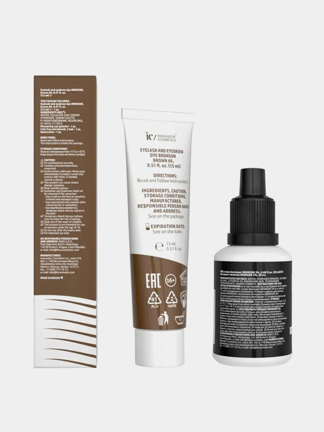 Комплект краска для бровей Innovator Cosmetics BRONSUN + оксидант, коричневый