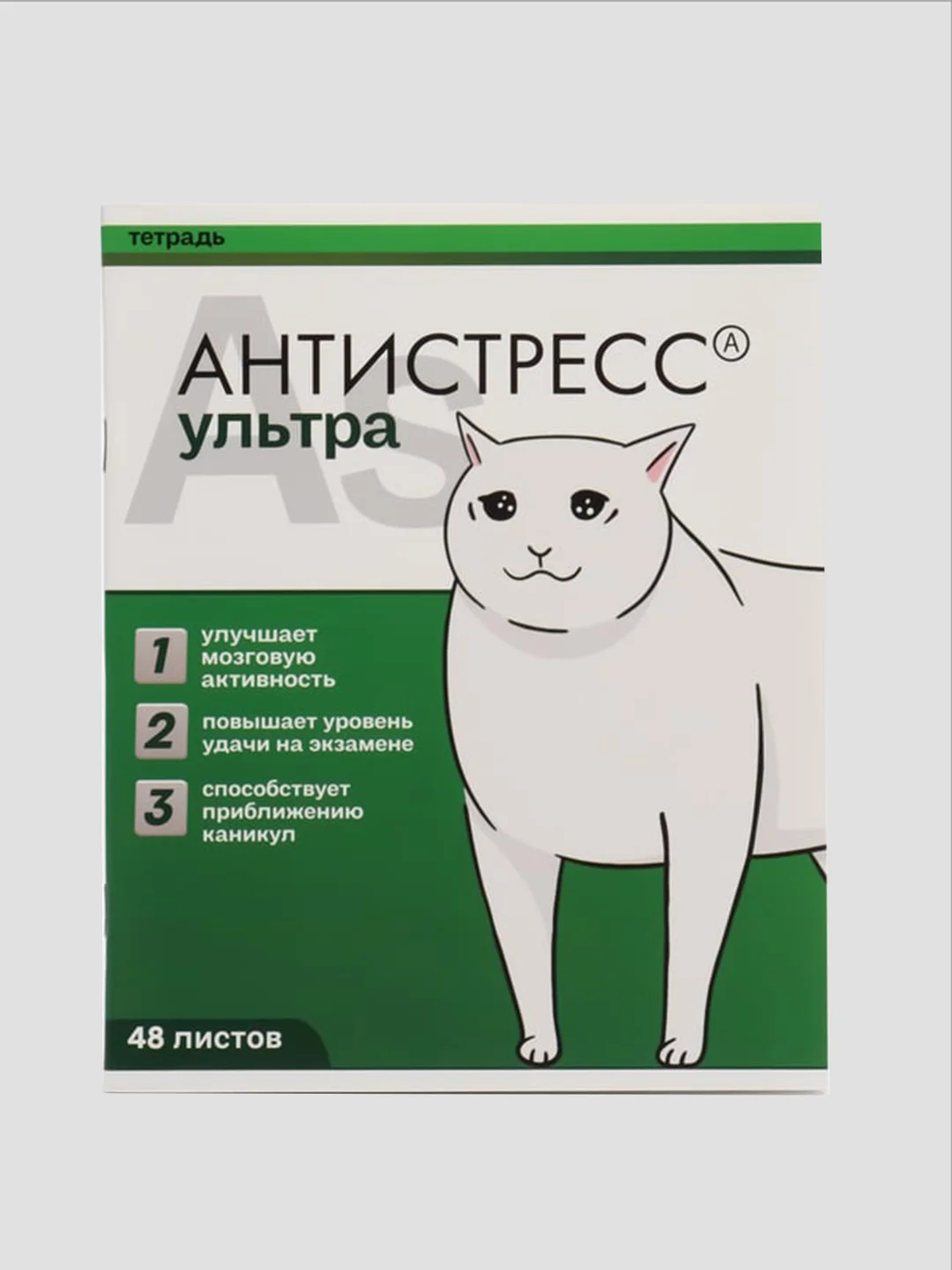 Зеленый тетрадь А5 общая, 48 листов в клетку "Котики таблетки"