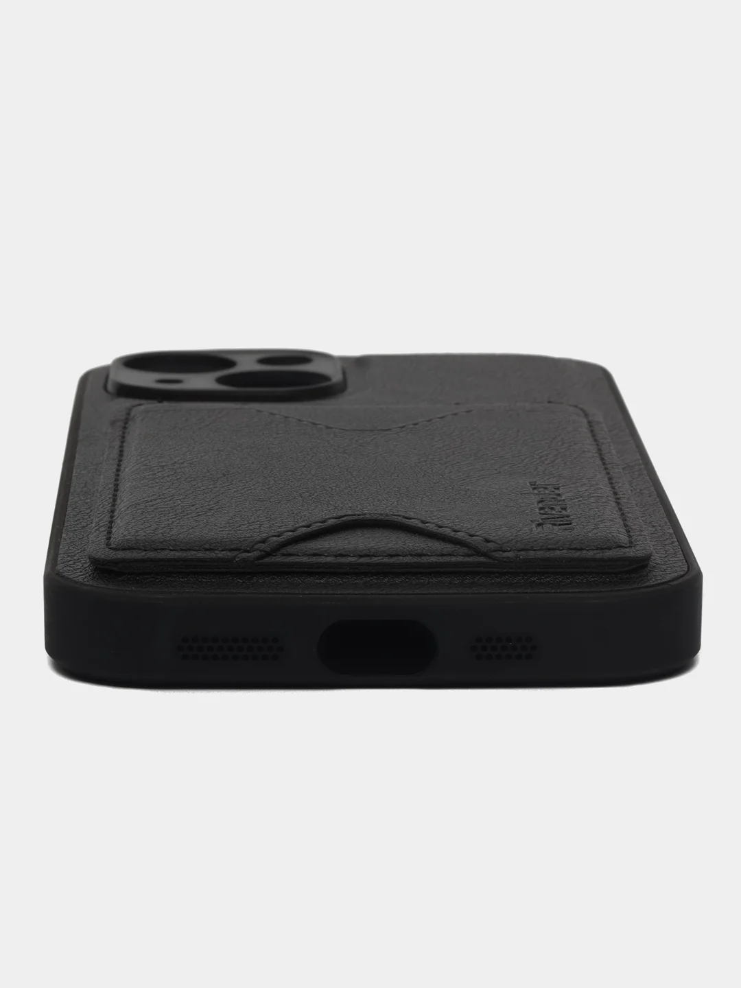 Черный кожаный чехол для iPhone 15 (Айфон 15), с карманом для карт