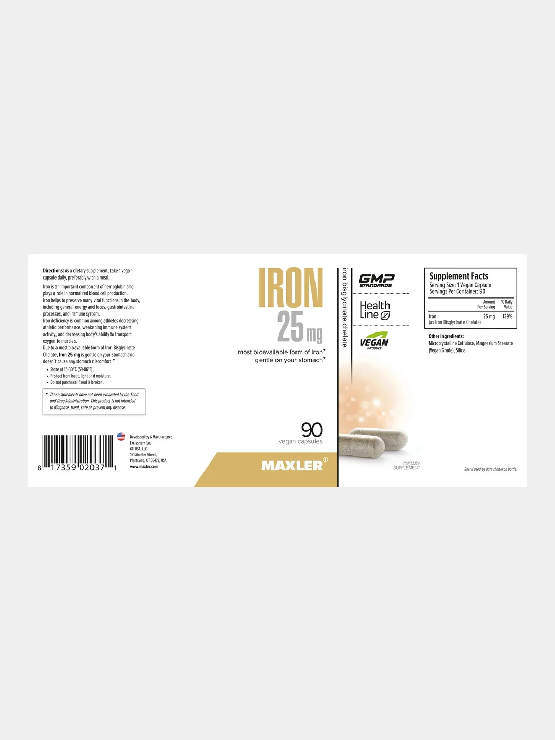 БАД Maxler железо 25 мг Bisglycinate Chelate, 90 капсул
