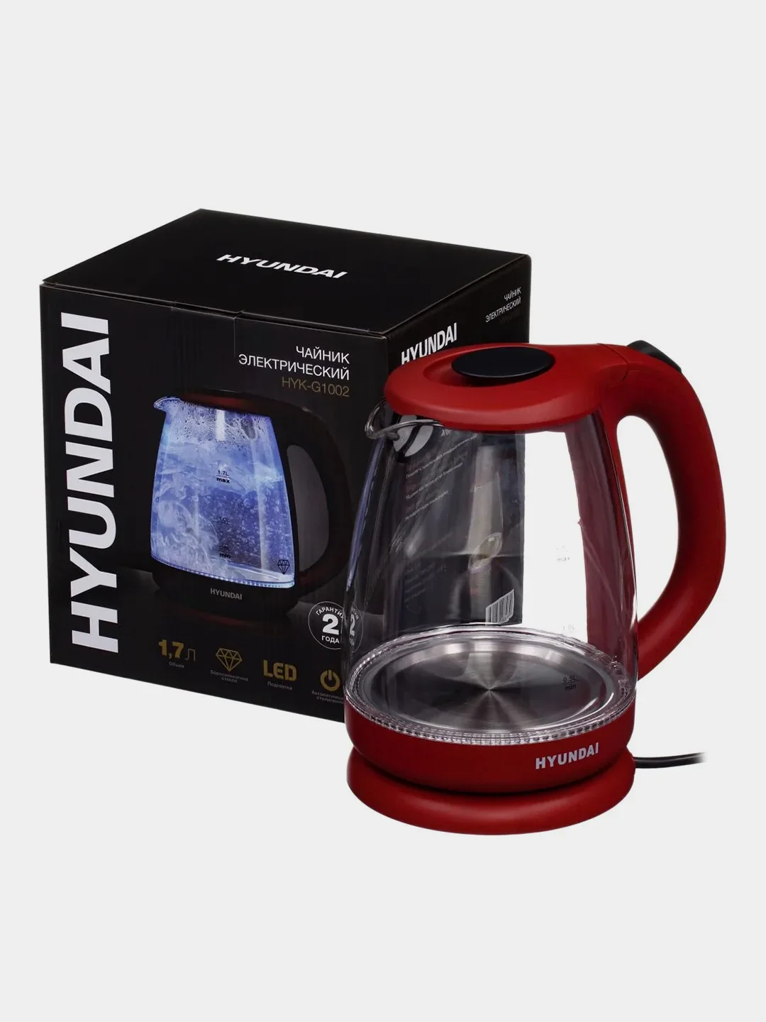 Чайник Hyundai HYK-G1002, бордовый, 1.7 л, 2200 Вт