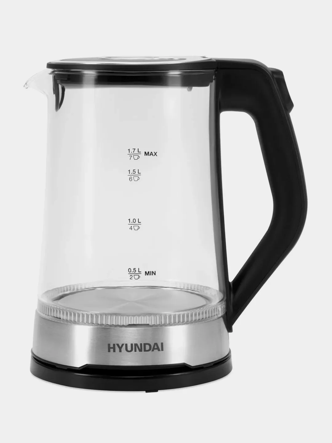Чайник Hyundai HYK-G3401, 1.7л, 2200Вт, черный/серебристый