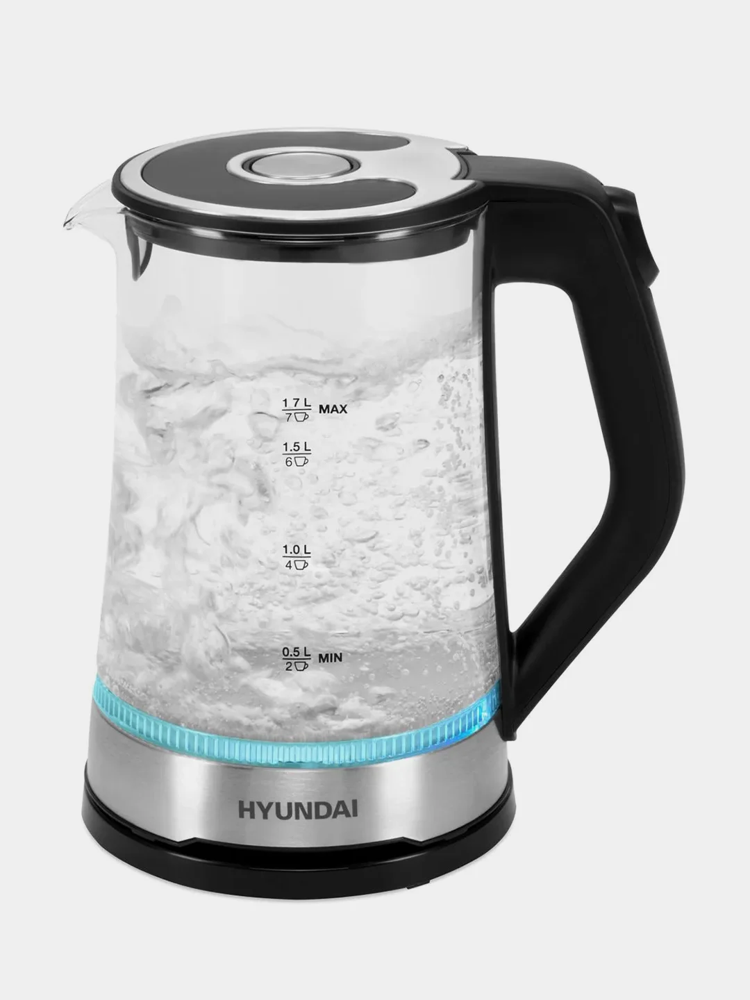 Чайник Hyundai HYK-G3401, 1.7л, 2200Вт, черный/серебристый
