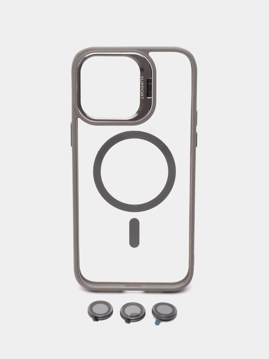 Серый чехол с подставкой и защитой камер для iPhone Айфон 11, 12, 13, 14, 15, Pro, Pro Max, Plus