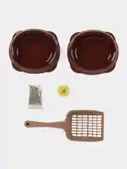 Коричневый набор для кошек и котят: лежанка, когтеточка, лоток, миска, совок, кошачья мята