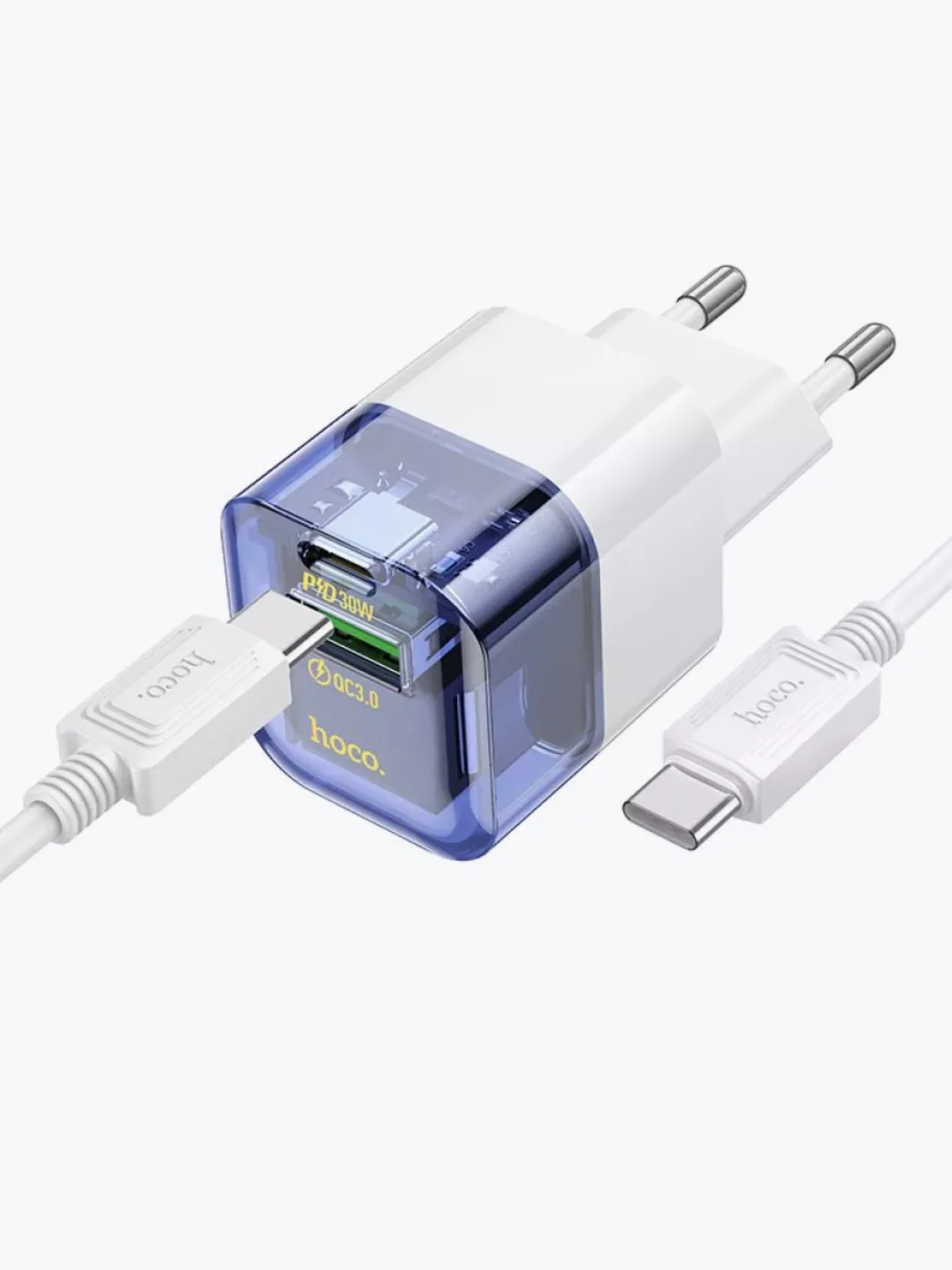 HOCO C131A блок питания с проводом , 1 USB-A, Type-C, PD30W + QC3.0, кабель Type-C, синий