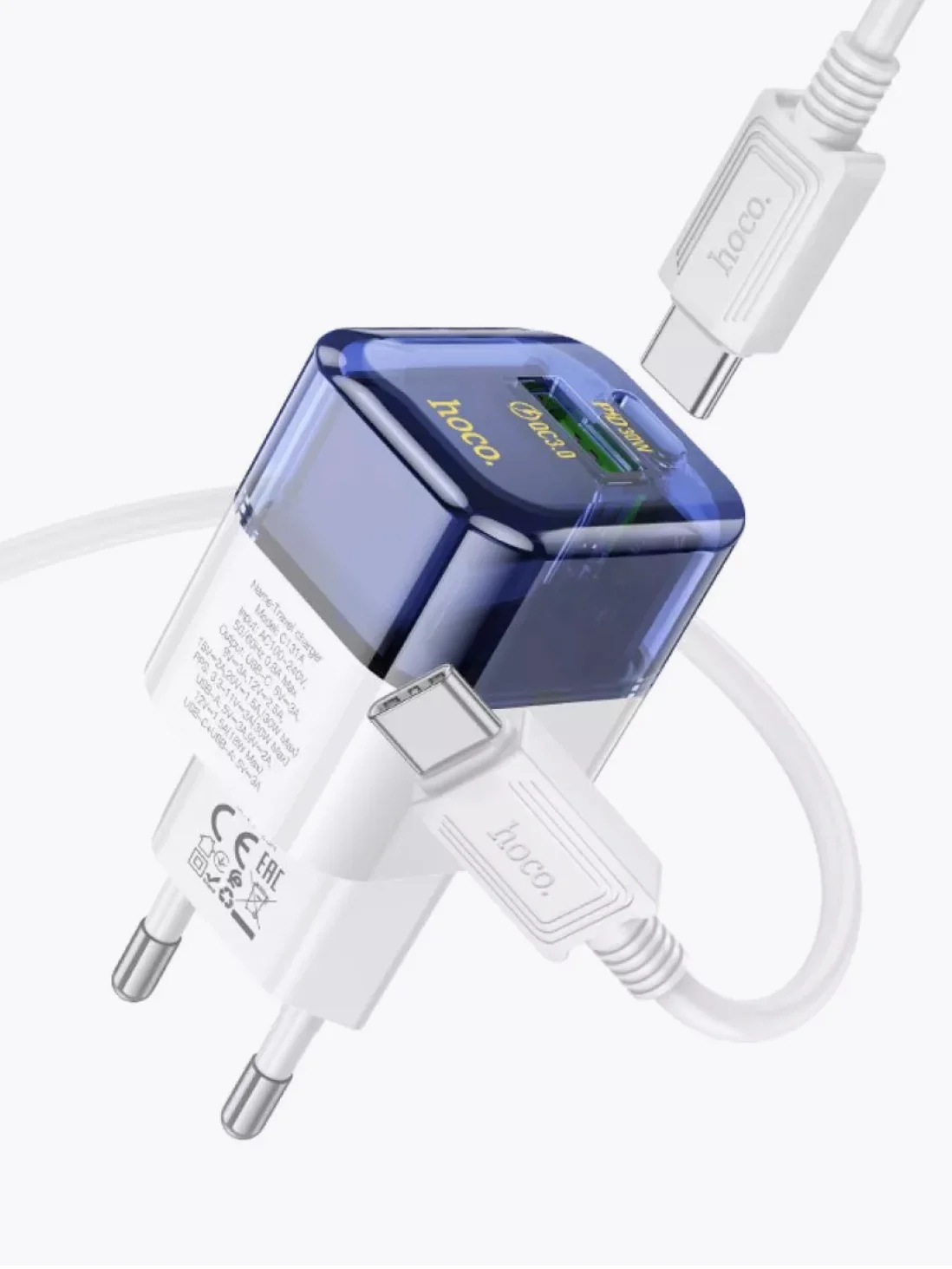 HOCO C131A блок питания с проводом , 1 USB-A, Type-C, PD30W + QC3.0, кабель Type-C, синий
