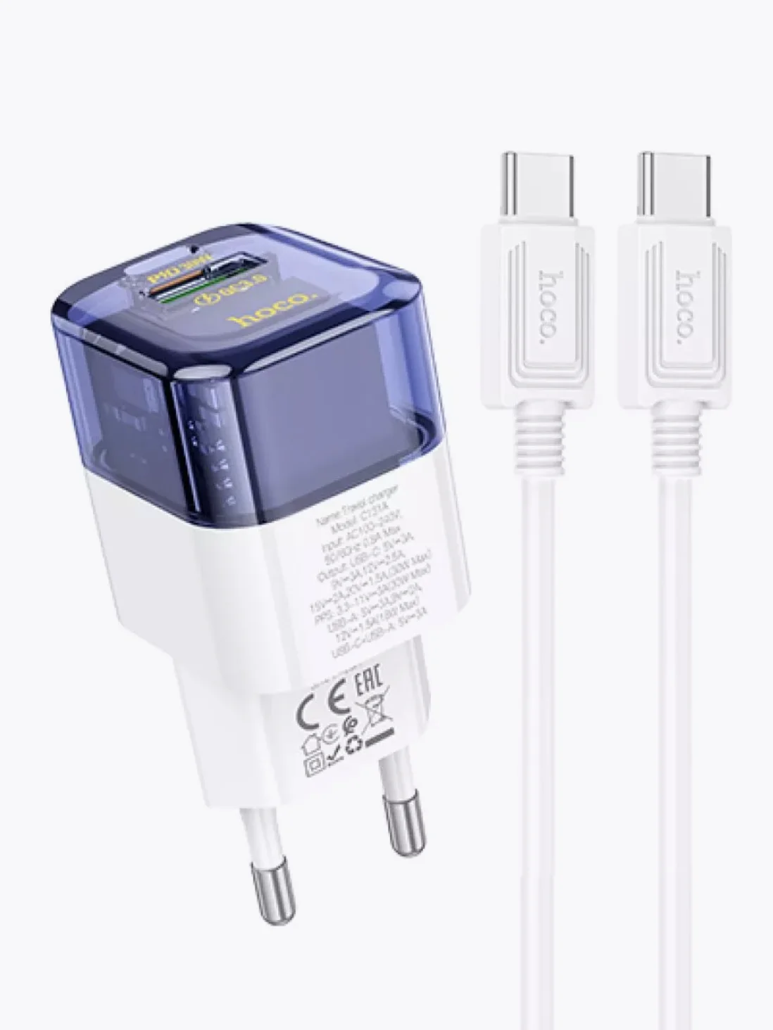 HOCO C131A блок питания с проводом , 1 USB-A, Type-C, PD30W + QC3.0, кабель Type-C, синий