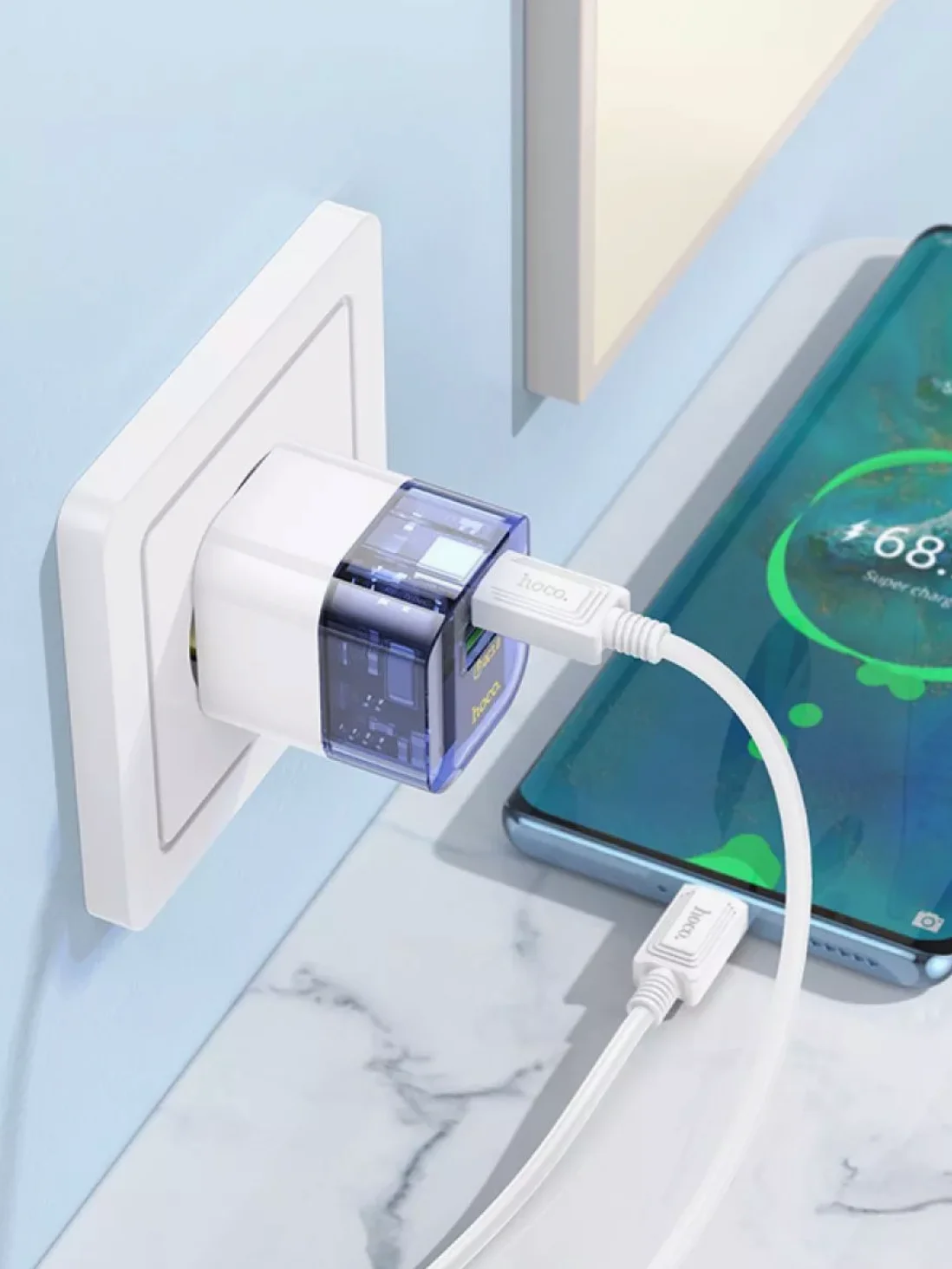 HOCO C131A блок питания с проводом , 1 USB-A, Type-C, PD30W + QC3.0, кабель Type-C, синий